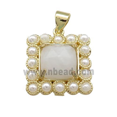 Copper Square Pendant Pave White Moonstone Pearlized Resin Gold Plated