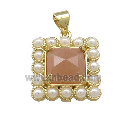 Copper Square Pendant Pave Peach Sunstone Pearlized Resin Gold Plated