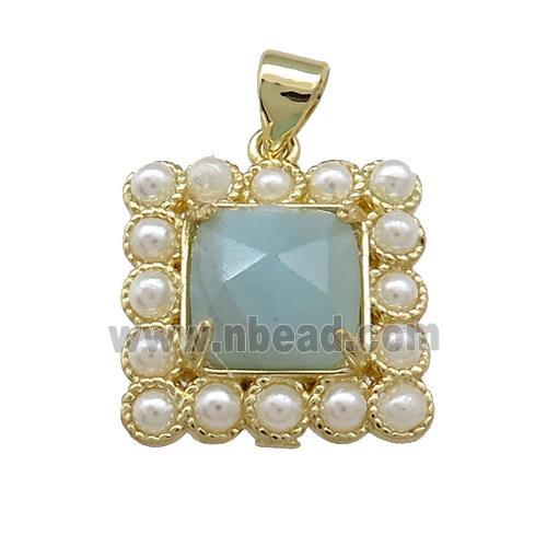 Copper Square Pendant Pave Blue Amazonite Pearlized Resin Gold Plated
