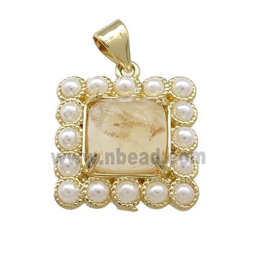 Copper Square Pendant Pave Citrine Pearlized Resin Gold Plated