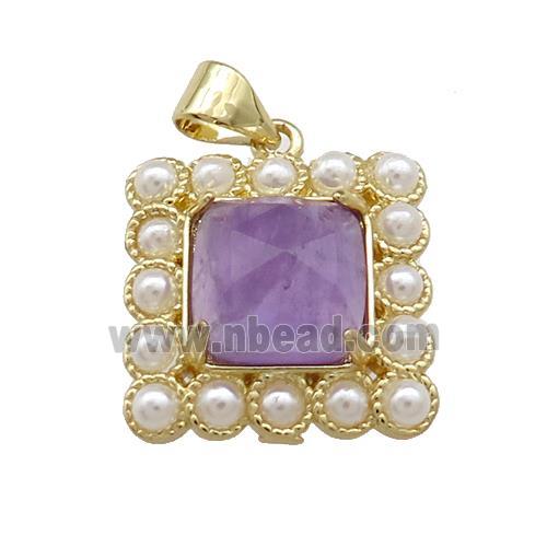 Copper Square Pendant Pave Amethyst Pearlized Resin Gold Plated