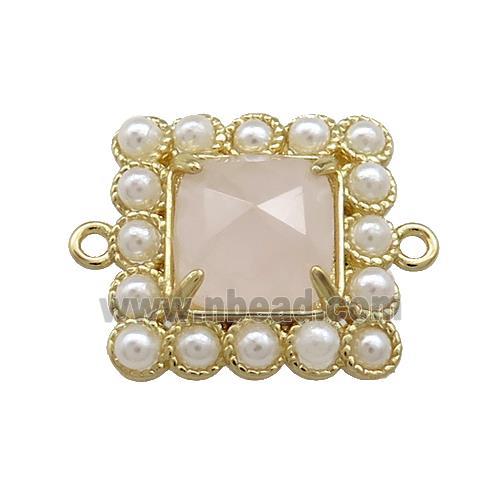 Copper Square Connector Pave Rose Quartz Pearlized Resin Gold Plated
