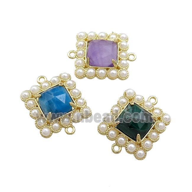 Copper Square Connector Pave Gemstone Pearlized Resin Mixed Gold Plated