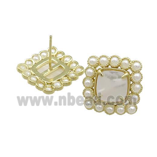 Copper Stud Earrings Pave White Shell Pearlized Resin Square Gold Plated