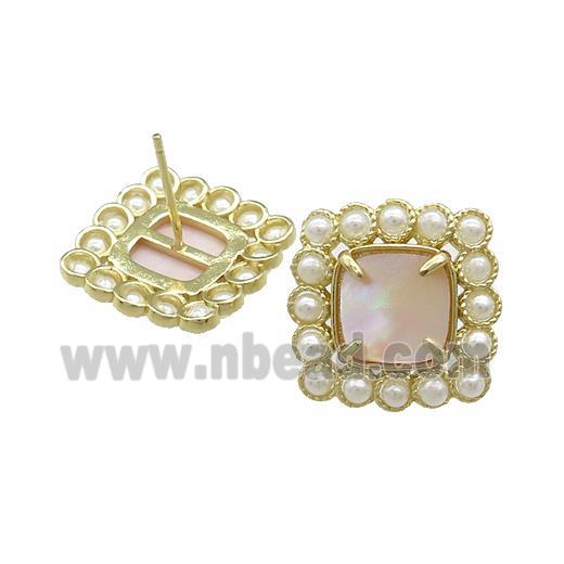 Copper Stud Earrings Pave Pink Queen Shell Pearlized Resin Square Gold Plated
