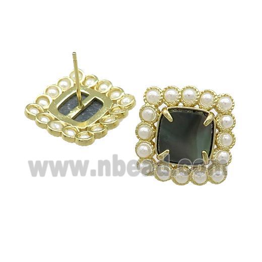 Copper Stud Earrings Pave Gray Abalone Shell Pearlized Resin Square Gold Plated