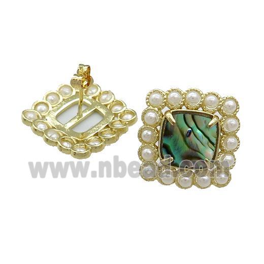 Copper Stud Earrings Pave Abalone Shell Pearlized Resin Square Gold Plated