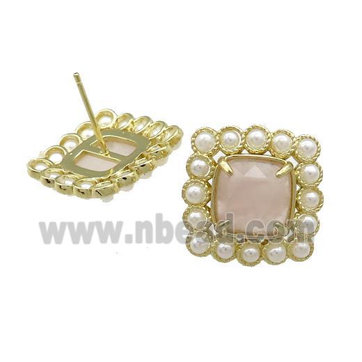 Copper Stud Earrings Pave Rose Quartz Pearlized Resin Square Gold Plated