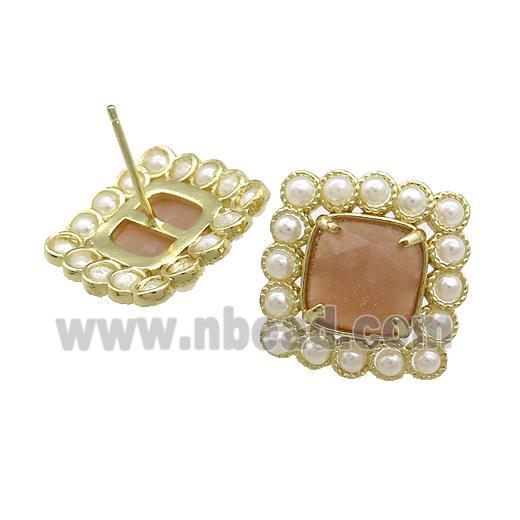Copper Stud Earrings Pave Peach Sunstone Pearlized Resin Square Gold Plated