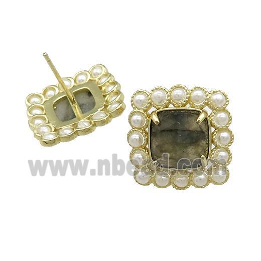Copper Stud Earrings Pave Labradorite Pearlized Resin Square Gold Plated