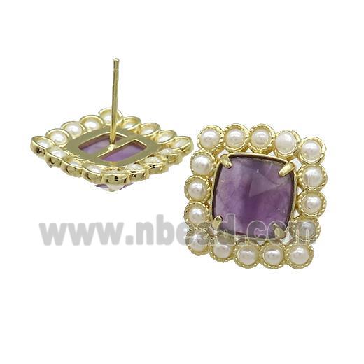 Copper Stud Earrings Pave Amethyst Pearlized Resin Square Gold Plated