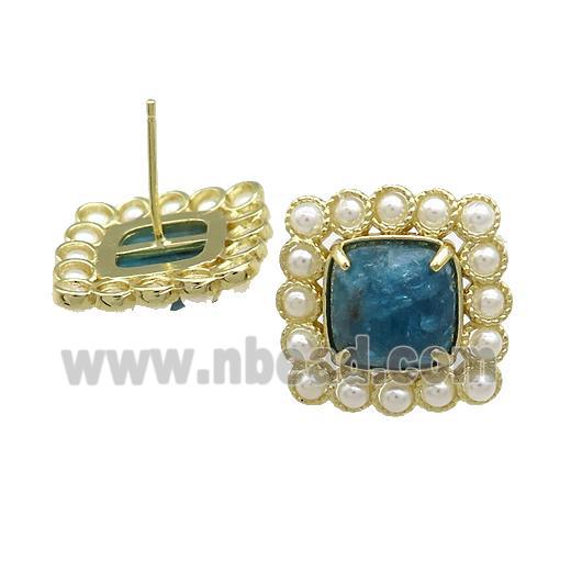 Copper Stud Earrings Pave Apatite Pearlized Resin Square Gold Plated