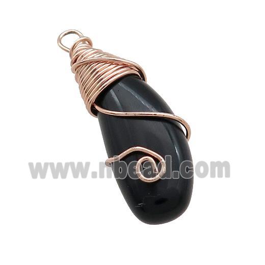 Black Obsidian Teardrop Pendant Copper Wire Wrapped Rose Gold