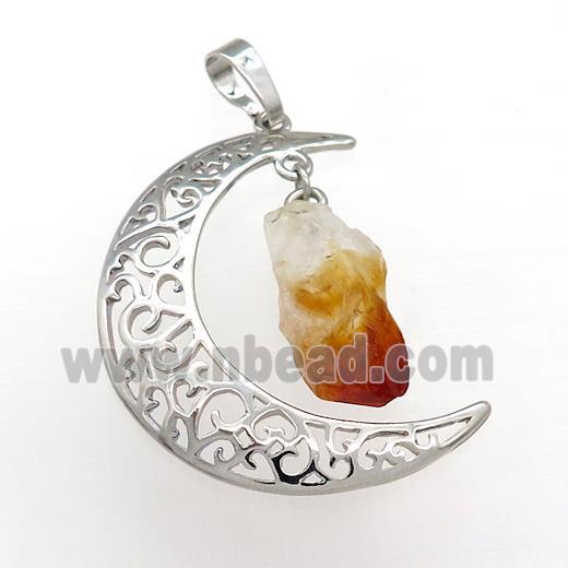 Copper Moon Pendant With Citrine Platinum Plated