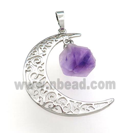 Copper Moon Pendant With Amethyst Platinum Plated