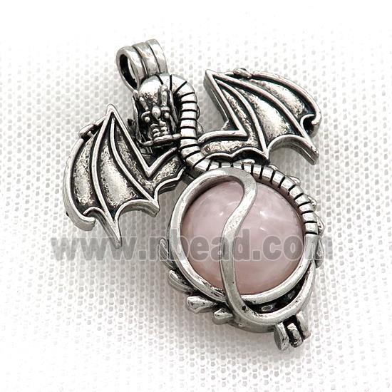 Alloy Dragon Charms Pendant Pave Pink Rose Quartz Antique Silver