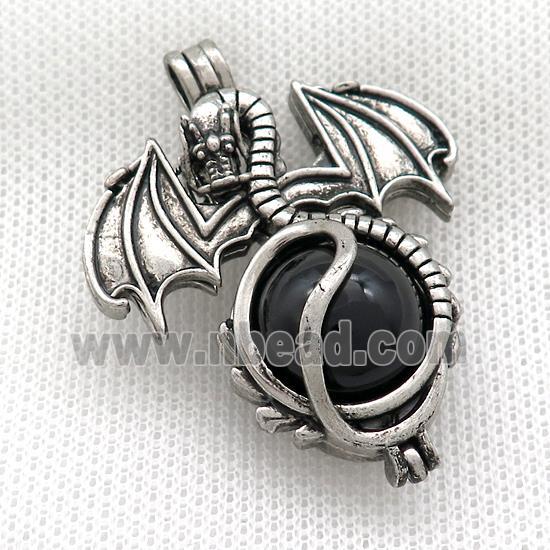 Alloy Dragon Charms Pendant Pave Black Obsidian Antique Silver