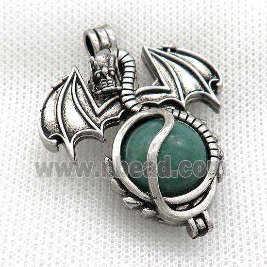 Alloy Dragon Charms Pendant Pave Green Aventurine Antique Silver