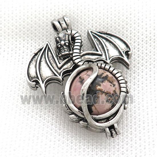 Alloy Dragon Charms Pendant Pave Rhodonite Antique Silver