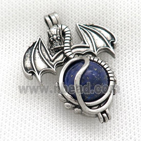 Alloy Dragon Charms Pendant Pave Blue Lapis Lazuli Antique Silver