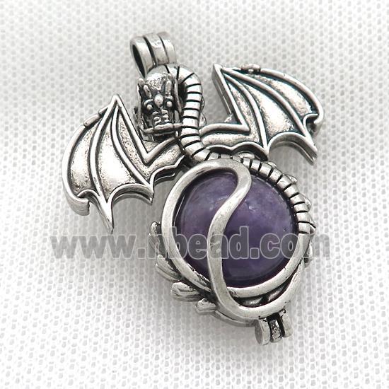 Alloy Dragon Charms Pendant Pave Purple Amethyst Antique Silver