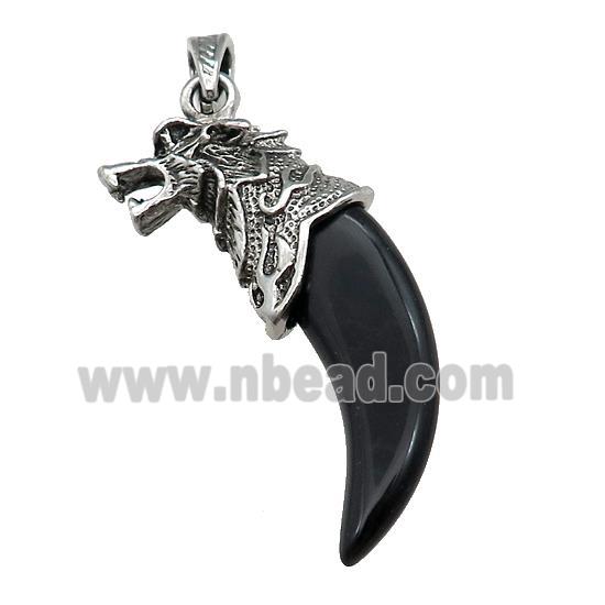 Alloy Wolf Pendant Pave Black Obsidian Antique Silver