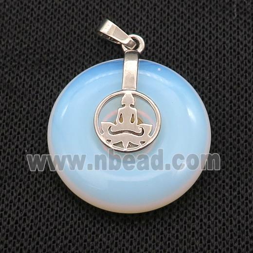 White Opalite Donut Pendant With Alloy Buddha OM