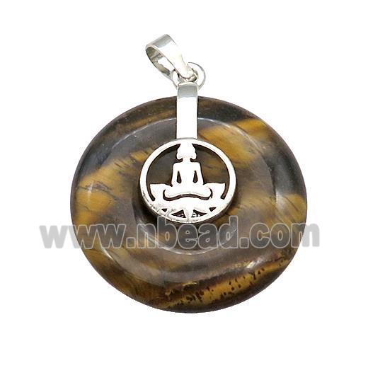 Natural Tiger Eye Stone Donut Pendant With Alloy Buddha OM