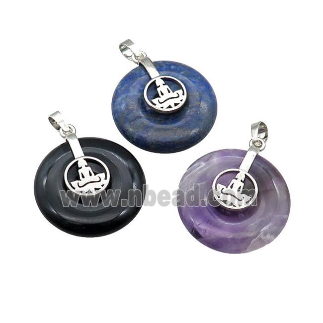 Natural Gemstone Donut Pendant With Alloy Buddha OM Mixed