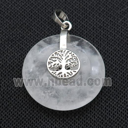 Natural Clear Quartz Donut Pendant With Alloy Tree Of Life