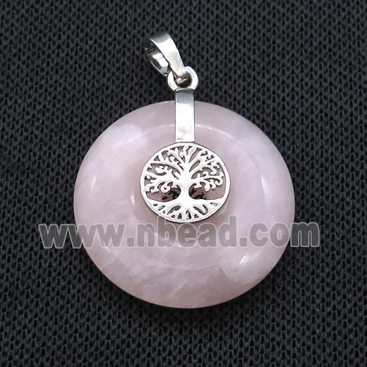Natural Pink Rose Quartz Donut Pendant With Alloy Tree Of Life