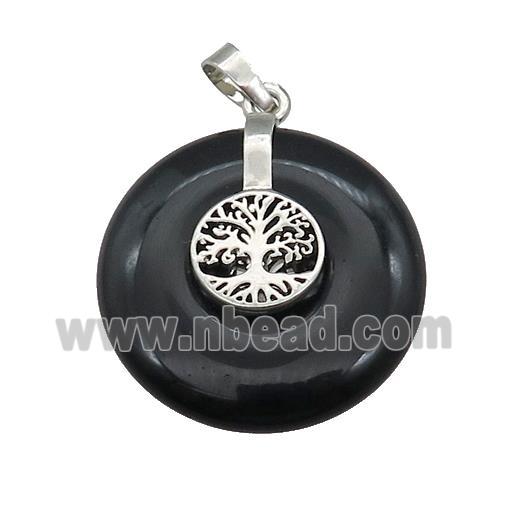 Natural Black Obsidian Donut Pendant With Alloy Tree Of Life