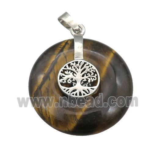 Natural Tiger Eye Stone Donut Pendant With Alloy Tree Of Life
