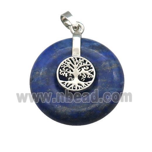Natural Blue Lapis Lazuli Donut Pendant With Alloy Tree Of Life