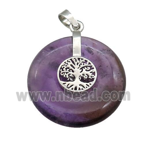 Natural Purple Amethyst Donut Pendant With Alloy Tree Of Life