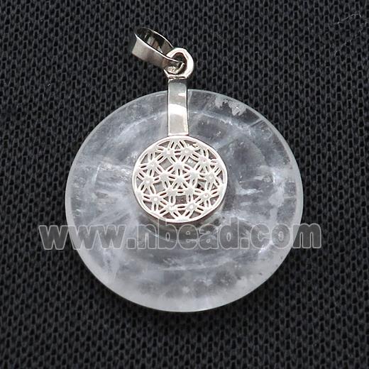 Natural Clear Quartz Donut Pendant With Alloy Flower Of Life