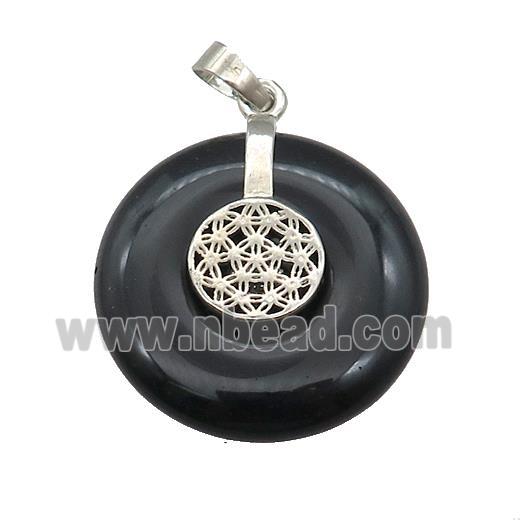 Natural Black Obsidian Donut Pendant With Alloy Flower Of Life