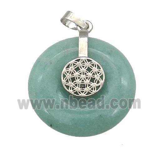 Natural Green Aventurine Donut Pendant With Alloy Flower Of Life