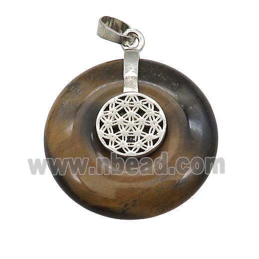 Natural Tiger Eye Stone Donut Pendant With Alloy Flower Of Life