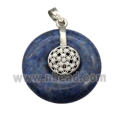 Natural Blue Lapis Lazuli Donut Pendant With Alloy Flower Of Life