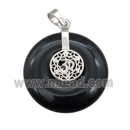 Natural Black Obsidian Donut Pendant With Alloy Chakra OM Symbol