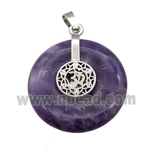 Natural Purple Amethyst Donut Pendant With Alloy Chakra OM Symbol