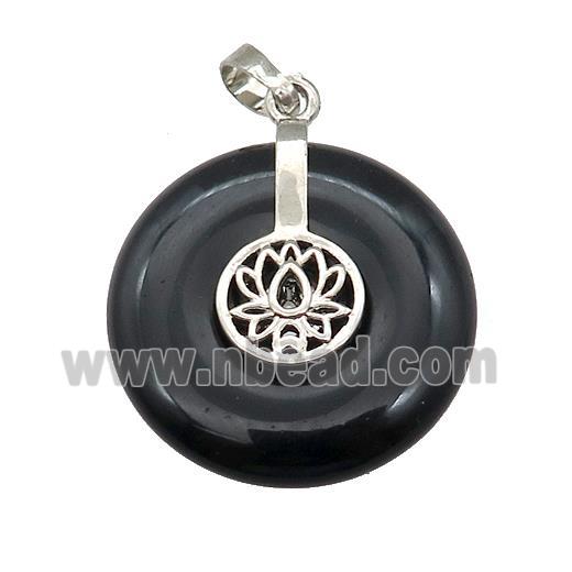 Natural Black Obsidian Donut Pendant With Alloy Buddhist Lotus