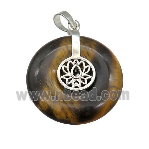 Natural Tiger Eye Stone Donut Pendant With Alloy Buddhist Lotus