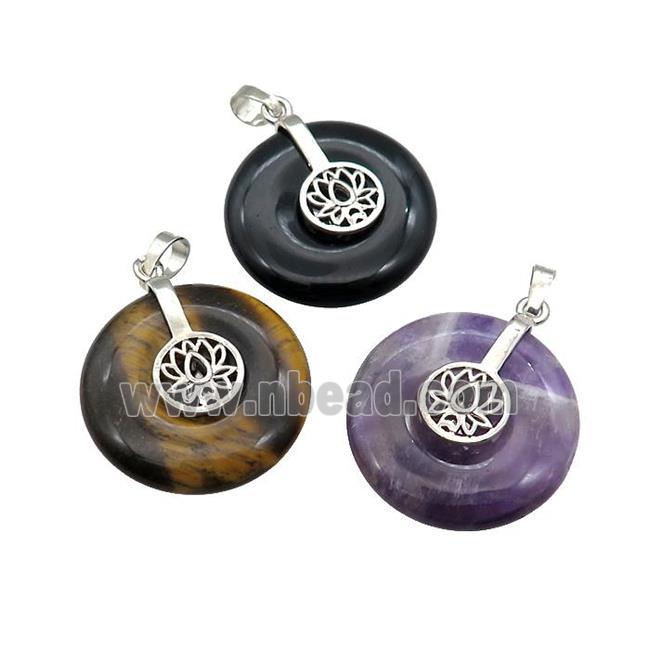 Natural Gemstone Donut Pendant With Alloy Buddhist Lotus Mixed