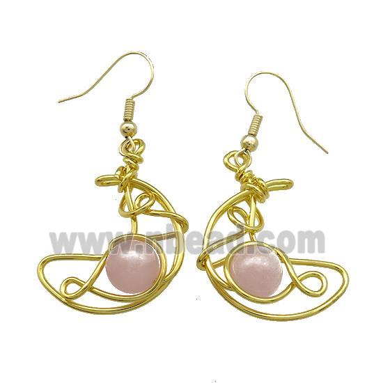 Copper Hook Earrings Moon With Rose Quartz Wire Wrapped Gold Plated