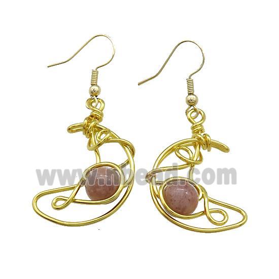 Copper Hook Earrings Moon With Pink Strawberry Quartz Wire Wrapped Gold Plated