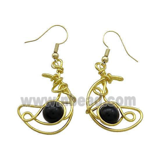Copper Hook Earrings Moon With Black Obsidian Wire Wrapped Gold Plated