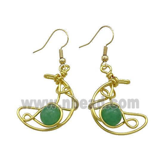 Copper Hook Earrings Moon With Green Aventurine Wire Wrapped Gold Plated