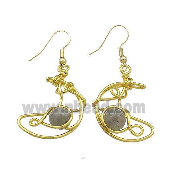 Copper Hook Earrings Moon With Labradorite Wire Wrapped Gold Plated